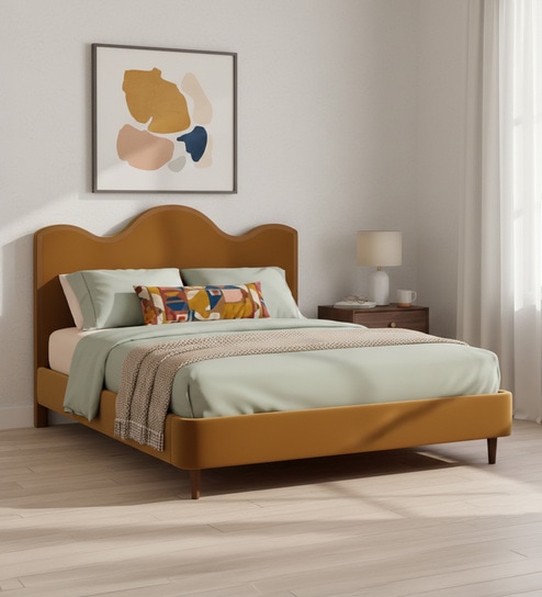 Solara Wave Luxe Bed in velvet With Oak wood Frame & Hydraulic Storage