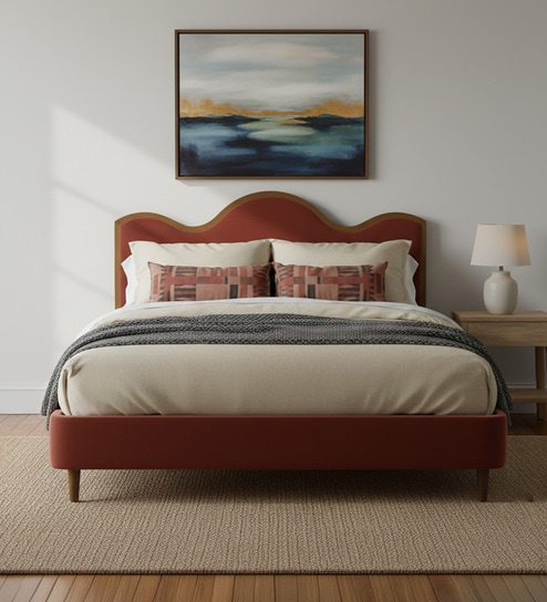 Solara Wave Luxe Queen Size Bed in velvet With Oak wood Frame & Hydraulic Storage