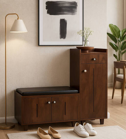 SoleFit 16-Pairs Shoe Cabinet In Classic Walnut Finish With Seating