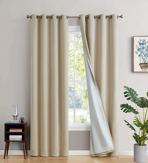 Solid (Pack of 2) 7 Ft Blackout Eyelet Polyester Door  Curtain (Beige )