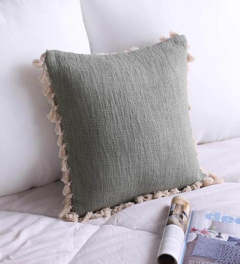 Grey Solid Cotton 16 x 16 Inches Cushion Cover with Pom Pom