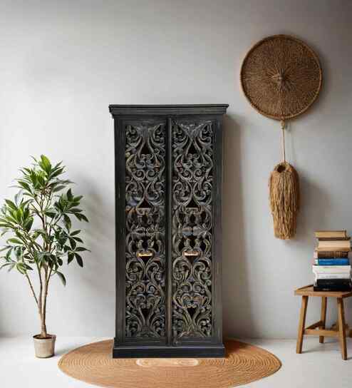 Sturdy Solid Wood Hand Carved Wardrobe in Black Finish