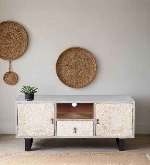 Circle Solid Wood Hand Carved TV Console in White Finish