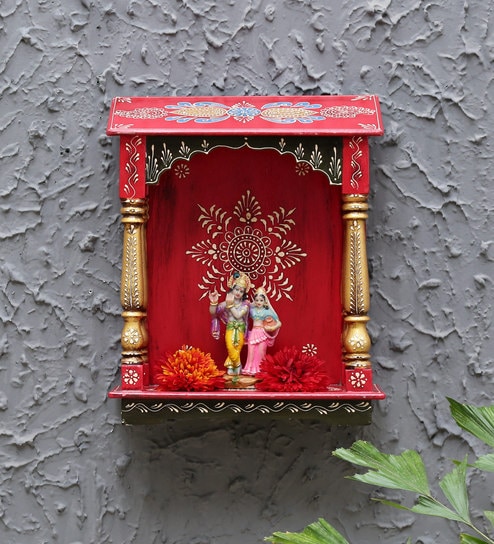 Red & Gold Neem Wood Wall Mounted Mandir Without Door