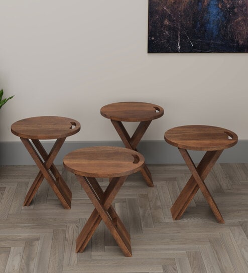 Solid Wood Seating Stool In Walnut Finish ( Set of 4)