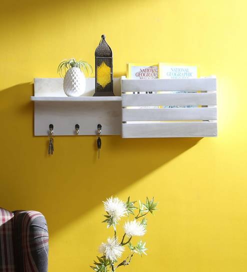 Buy Solid Wood Floating Wall Shelf With Key Holder By Bohemiana