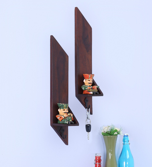 Buy Brown Solid Wood Wall Shelves With Key Hooks Set Of 2 By Craft Tree Online Modern Key Holders Key Holders Home Decor Pepperfry Product