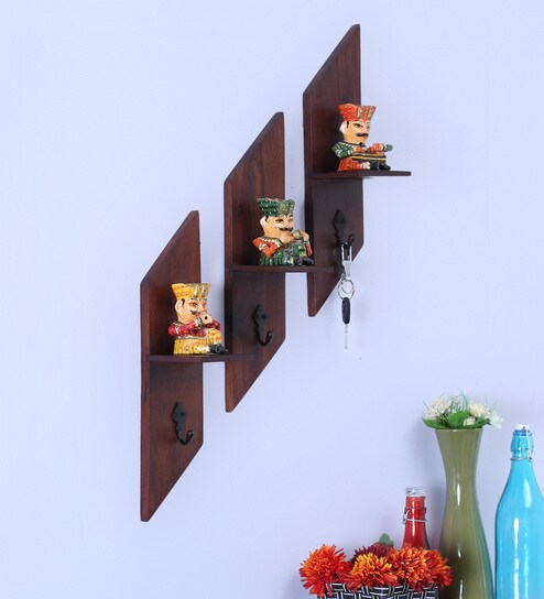 Buy Brown Solid Wood Wall Shelves With Key Hooks Set Of 3 By Craft Tree Online Modern Key Holders Key Holders Home Decor Pepperfry Product