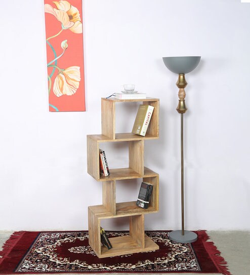 Solid Wood Zig Zag Book Shelf Cum Display Unit In Oak Finish By Vriksh Of Life