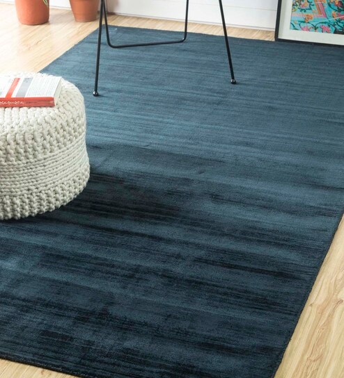 Solids Hand Loom Blue 5x8 Feet Viscose Art Deco Style Pattern Area Rug By Jaipur Rugs
