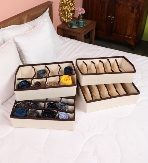 Buy Canvas Mdf Cream Lingerie Organisers Set Of 4 By Solids