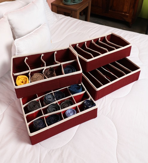 Buy Canvas Mdf Maroon Lingerie Organisers Set Of 4 By Solids