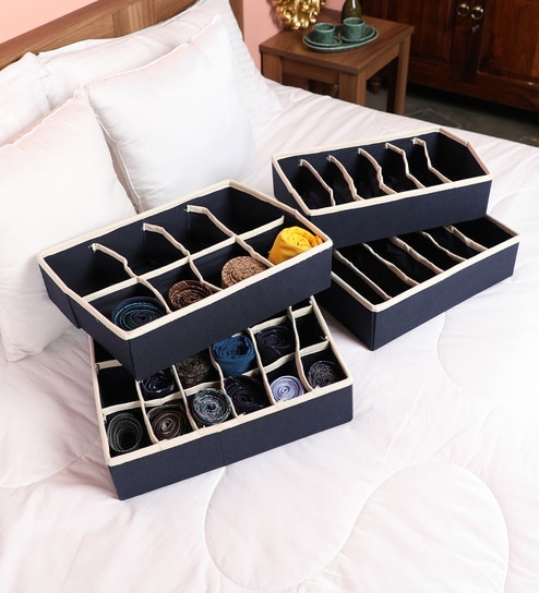 Buy Canvas Mdf Navy Blue Lingerie Organisers Set Of 4 By