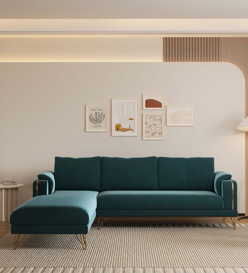 Solitaire Velvet Fabric Fabric RHS Sectional Sofa (3 + Lounger) in Teal Blue Color