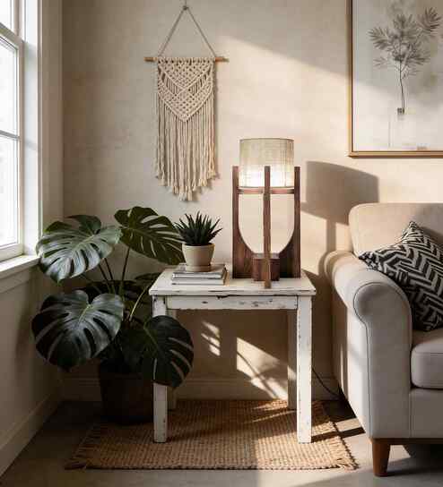 Solitaire Wooden Table Lamp with Jute  Shade & Brown Base