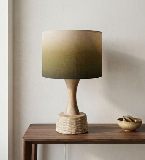 Green Soma Handcrafted Natural Wood Large Drum ShadeTable Lamp