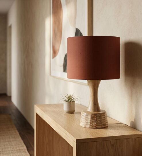Red Soma Handcrafted Natural Wood Large Drum Shade Table Lamp