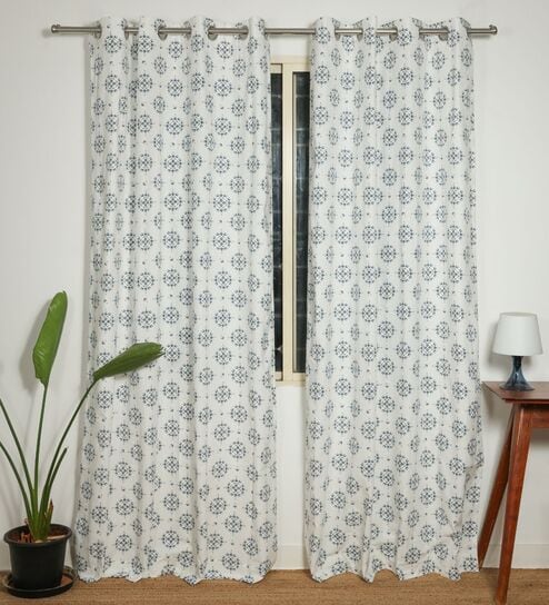 Sophia Blue Cotton 230 GSM  Ethnic 7 Feet Room Darkening Eyelet Door Curtains (2 Pc)