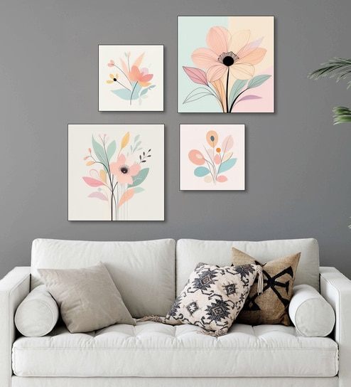 Floral Art Quartet Canvas Wall Painting Set of 4 Black Frame