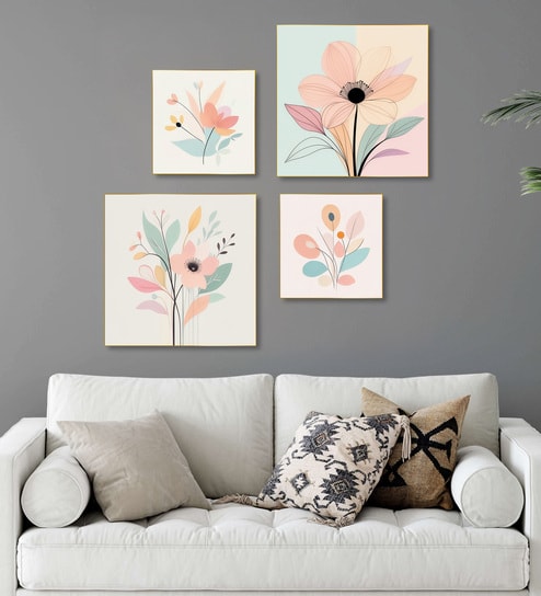 Floral Art Quartet Canvas Wall Painting Set of 4 Gold Frame