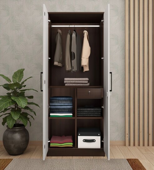 Sora 2 Door Wardrobe In Dark Elm & Frosty White Color With Drawer