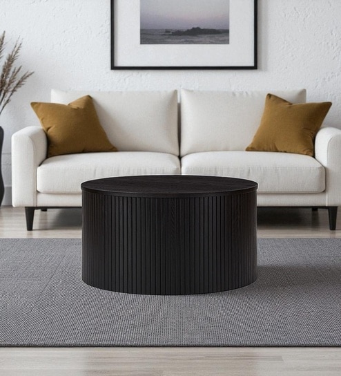 Soren Scandinavian-Inspired Fluted Round Coffee Table with Detachable Lid & Concealed Storage in Black Colour
