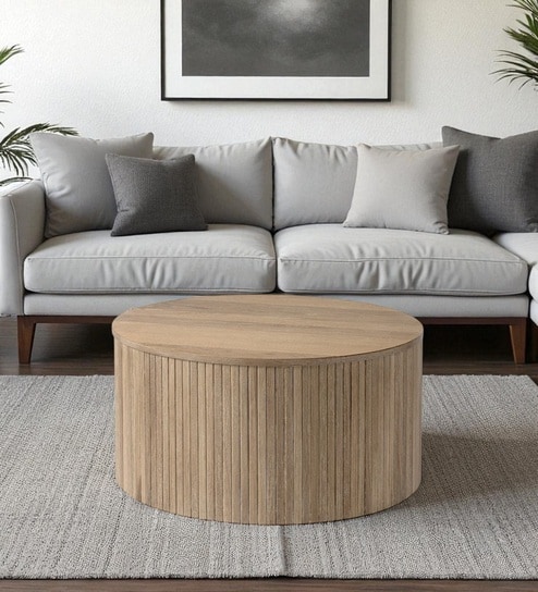 Soren Scandinavian-Inspired Fluted Round Coffee Table with Detachable Lid & Concealed Storage in Natural Oak Colour
