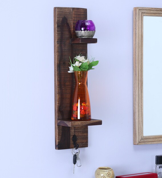 Buy Solid Wood Floating Wall Shelf With Key Holder In Brown Colour By Craft Tree Online Mid Century Wall Shelves Wall Shelves Home Decor Pepperfry Product