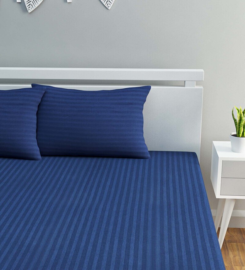 Buy Blue Solid 250 TC Cotton 1 Double King Size Bedsheet with 2 Pillow Covers by Home Affairs