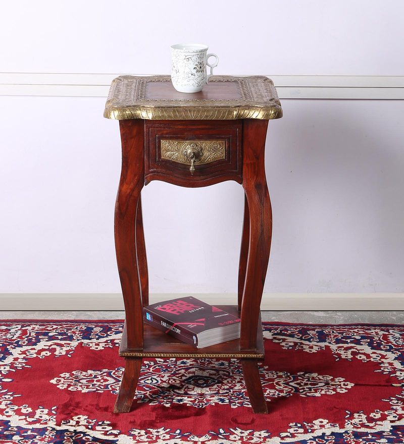 Buy Solid Wood End Table with Curved Legs & Brass work by Vriksh of