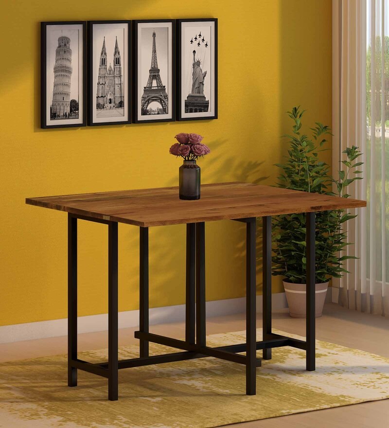 Buy Solid Wood Foldable 4 Seater Dining Table in Premium Acacia Finish