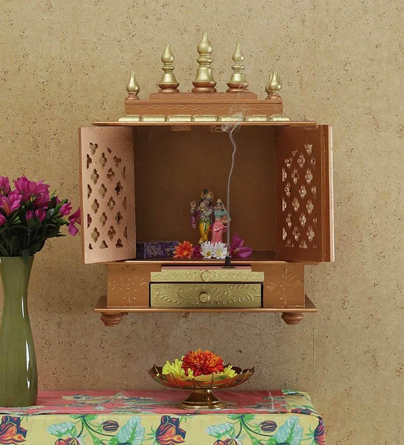 Copper Gold Mango Wood Pooja Mandir With Door By India Home Wood