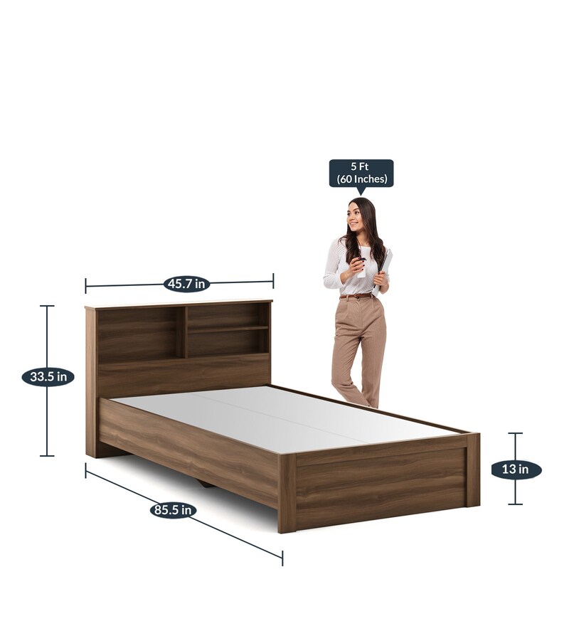 Buy Souma Single Bed With Headboard Storage In Walnut Bronze Finish By