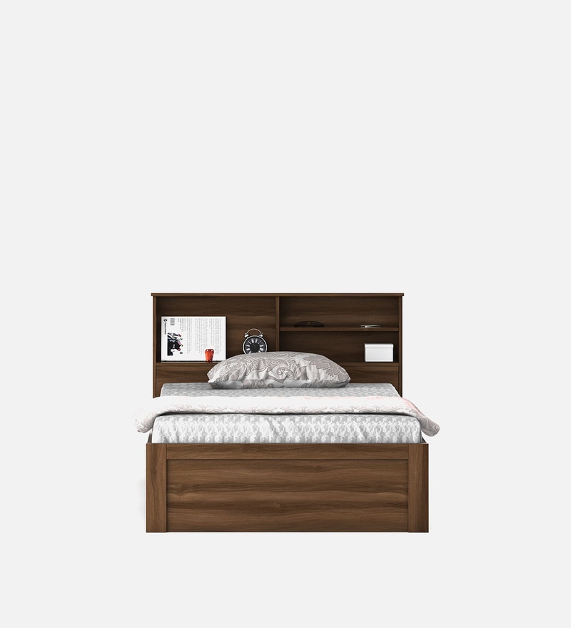 Buy Souma Single Bed With Headboard Storage In Walnut Bronze Finish By