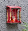 Red & Gold Neem Wood Wall Mounted Mandir Without Door
