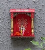 Red & Gold Neem Wood Wall Mounted Mandir Without Door