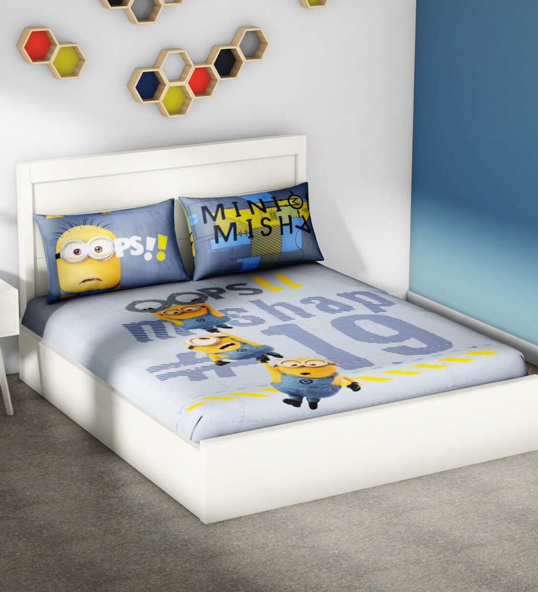 Buy Spaces Grey 100 Cotton Universal Minions Double Bed Sheet with 2 Pillow Cover Online Kids