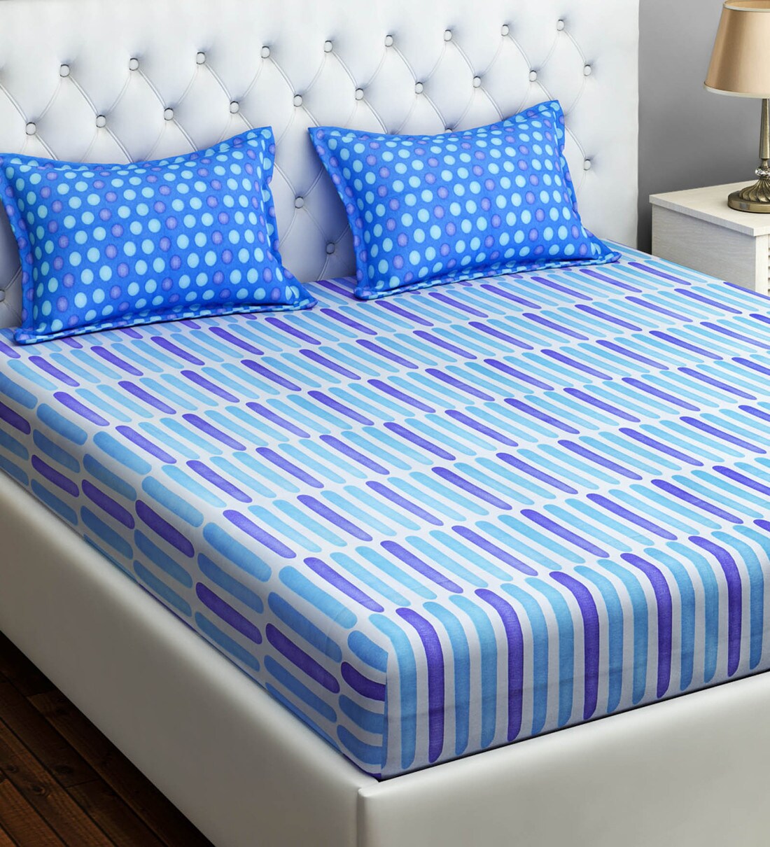 Buy Blue Striped 144 TC Cotton Blend King Sized Fitted Bed Sheets with