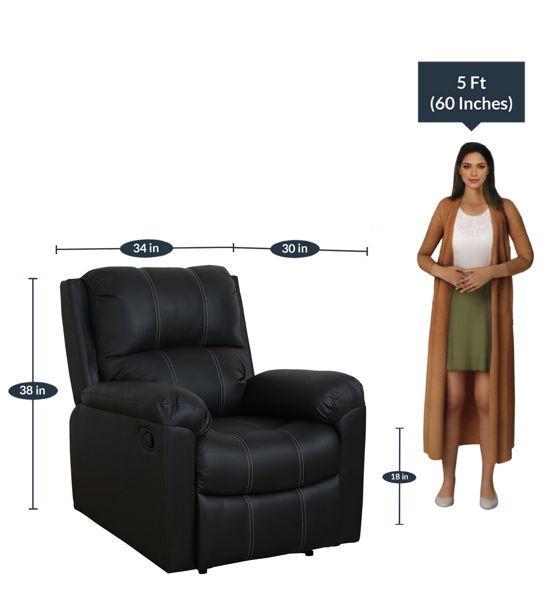 Buy Spino Leatherette Manual 1 Seater Recliner in Black Colour Online