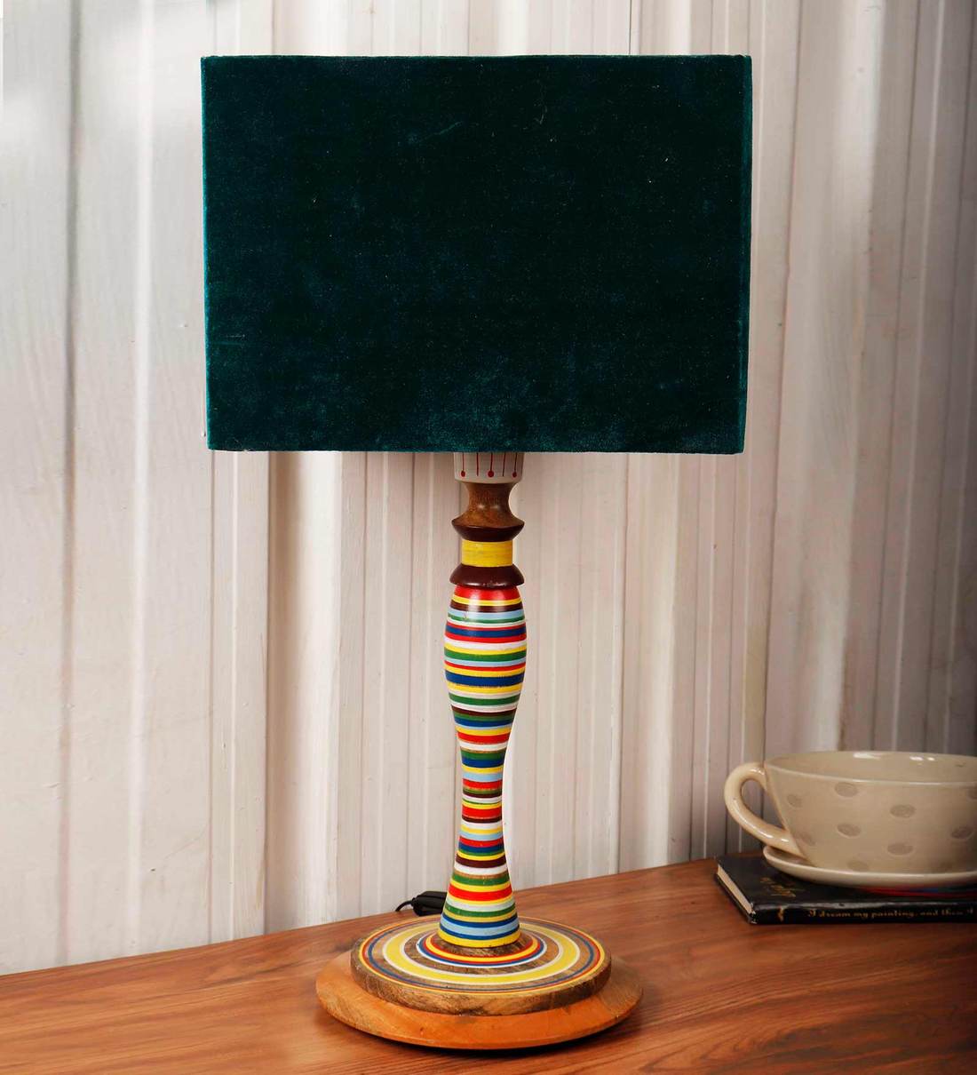 Buy Prato Green Velvet Shade Night Lamp With Wood Base By Grated Ginger