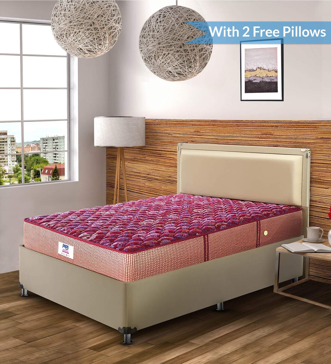 Buy Spring Koil Reversible 8 inch Foam Queen Size Mattress in maroon Colour (With 2 Free Pillows