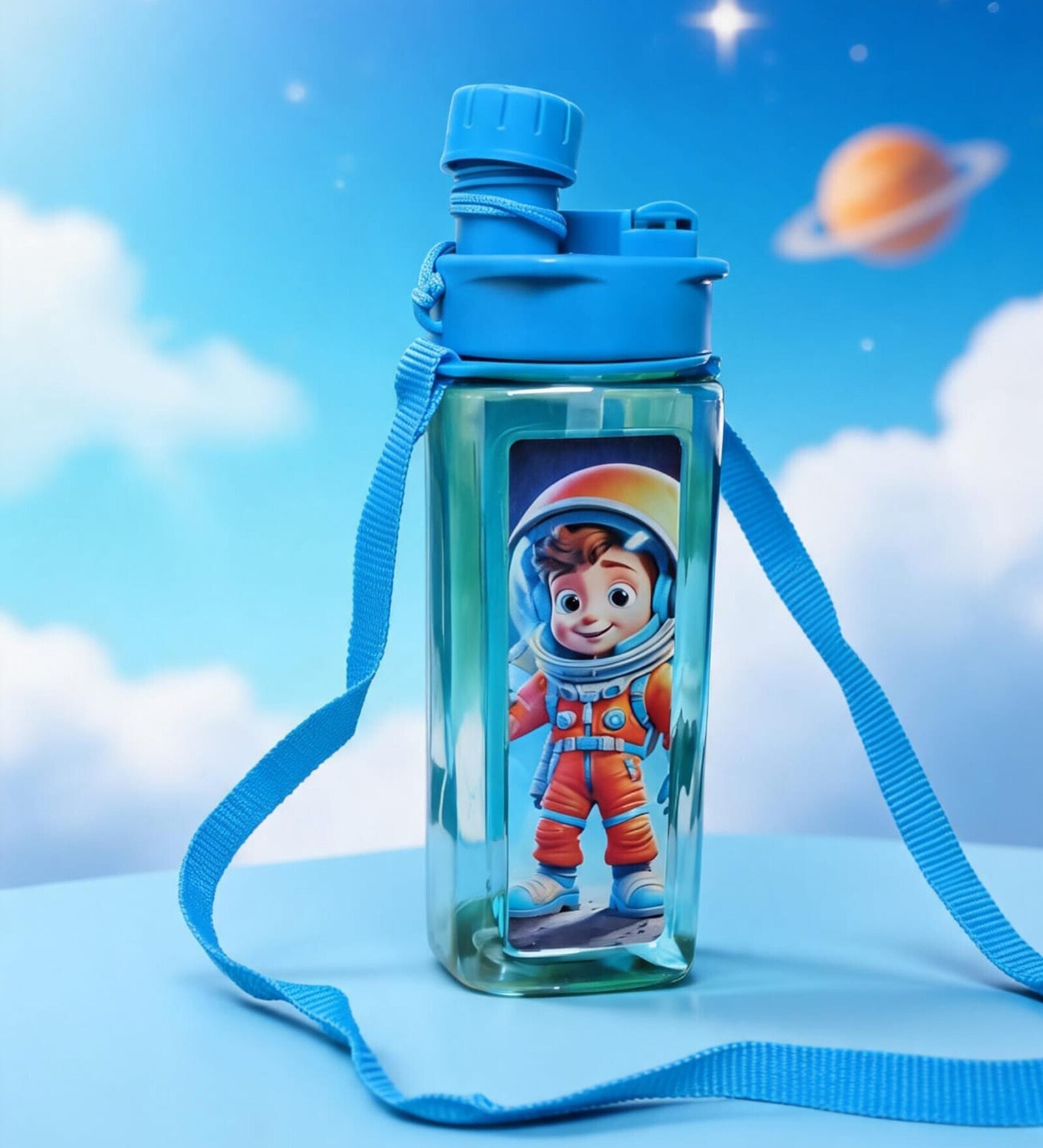 Space Boy Printed Plastic Water Bottle with Straw & Strap, 600 ml