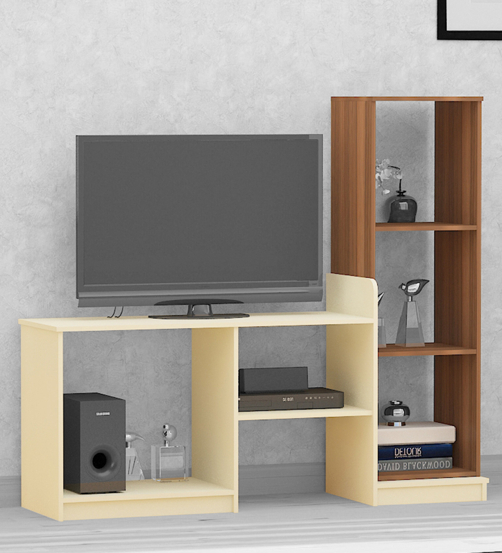 Space TV Unit in Frosty White & Teak Finish for TVs up to 43" Space TV Unit in Frosty White & Teak Finish for TVs up to 43"