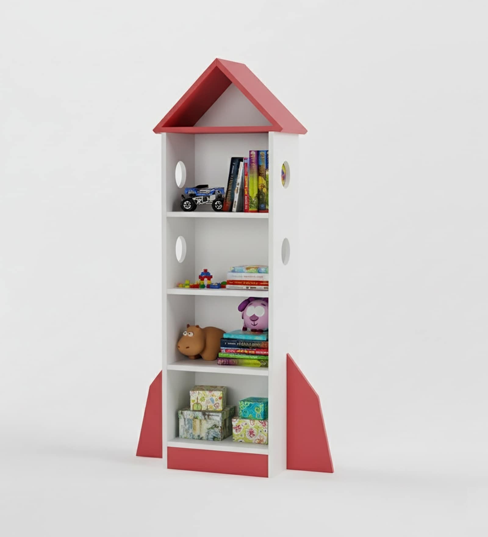 SpaceChamp Kids Bookshelf in White & Red Colour