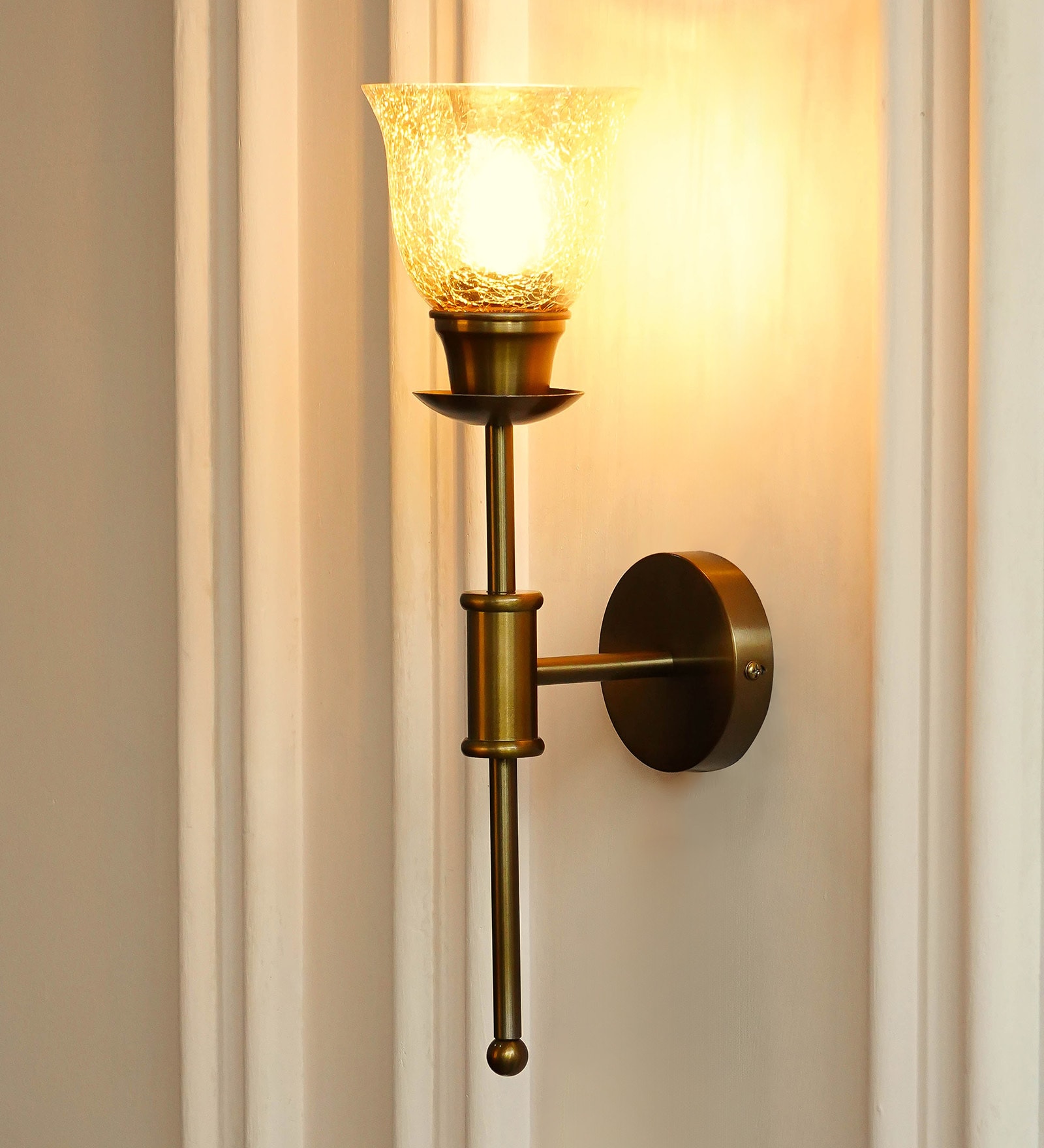Spacer Wall Lamp Brass Antique Finish with Cup Crackled Glass Golden Luster Shade