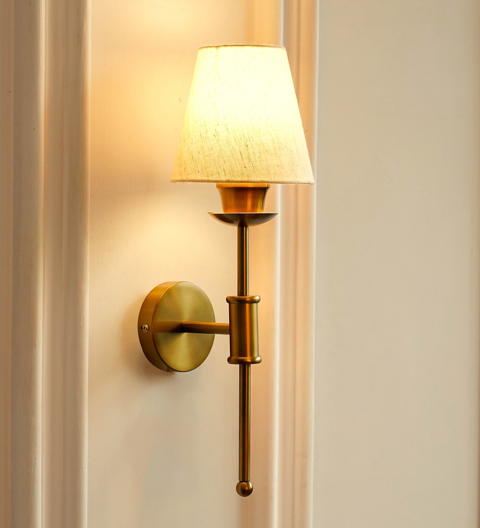 Spacer Wall Lamp Brass Antique Finish with Off White Lampshade