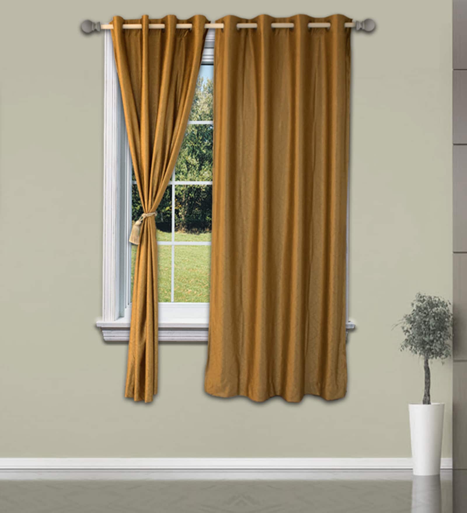 Welhome Golden Polyester 48 x 60 Inch Solid Window Curtain