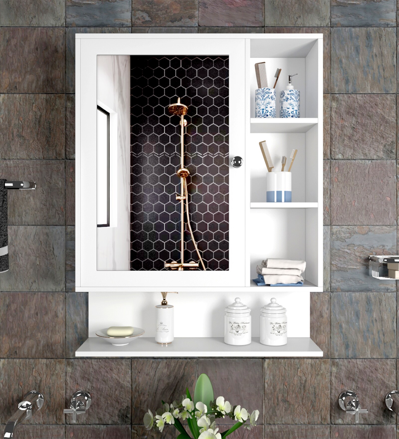 Buy Spacious White Engineered Wood Bathroom With Mirror by