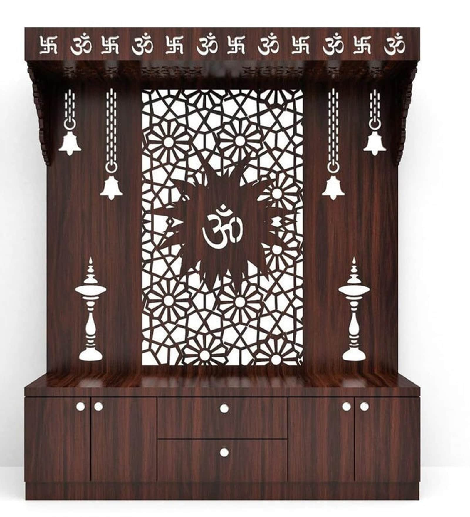 Spacious Wooden Pooja Mandir with Backlit Om Design and Storage