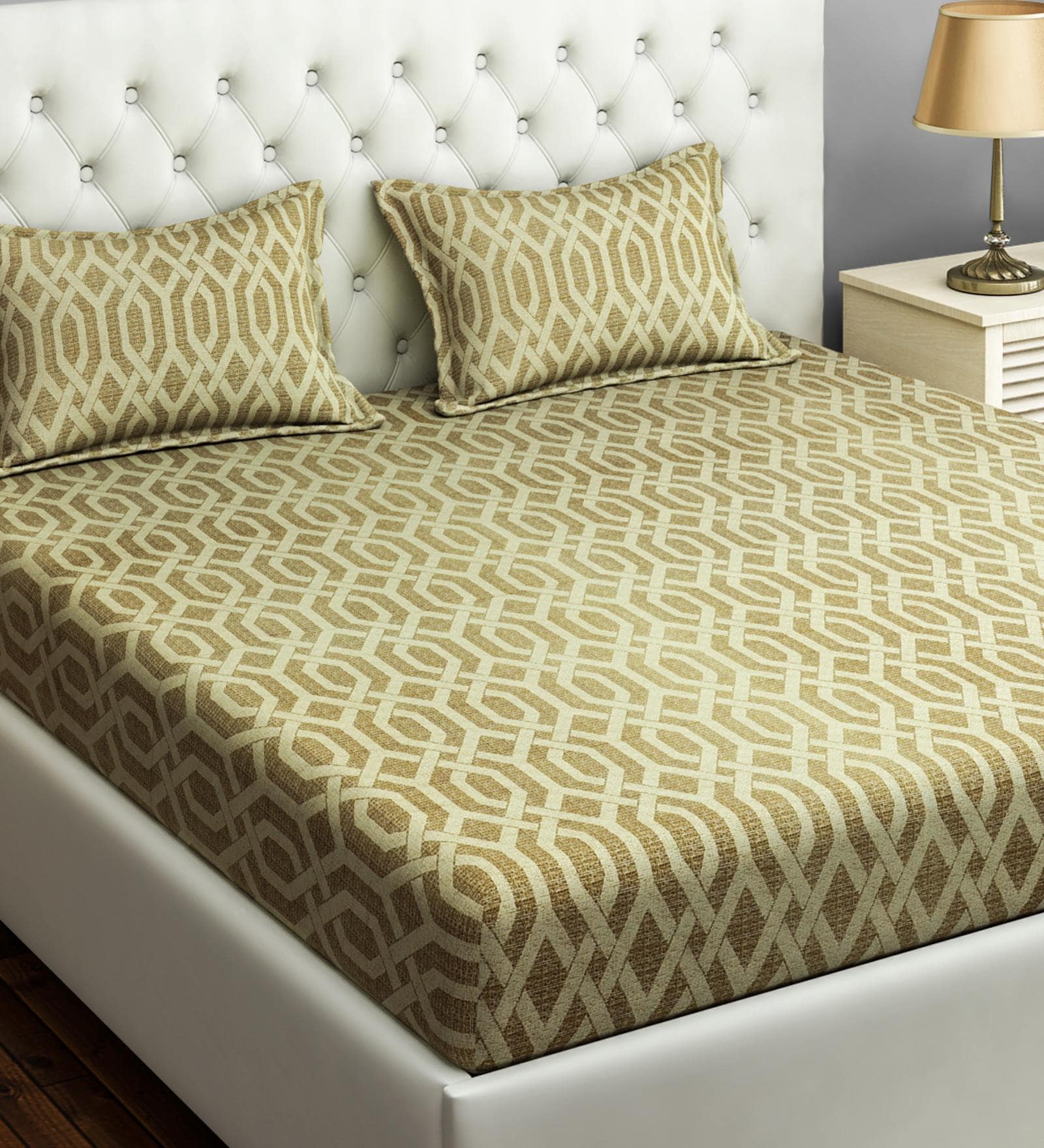 Gold Geometric 144 TC Cotton King Sized Double Bedsheet with 2 Pillow Covers